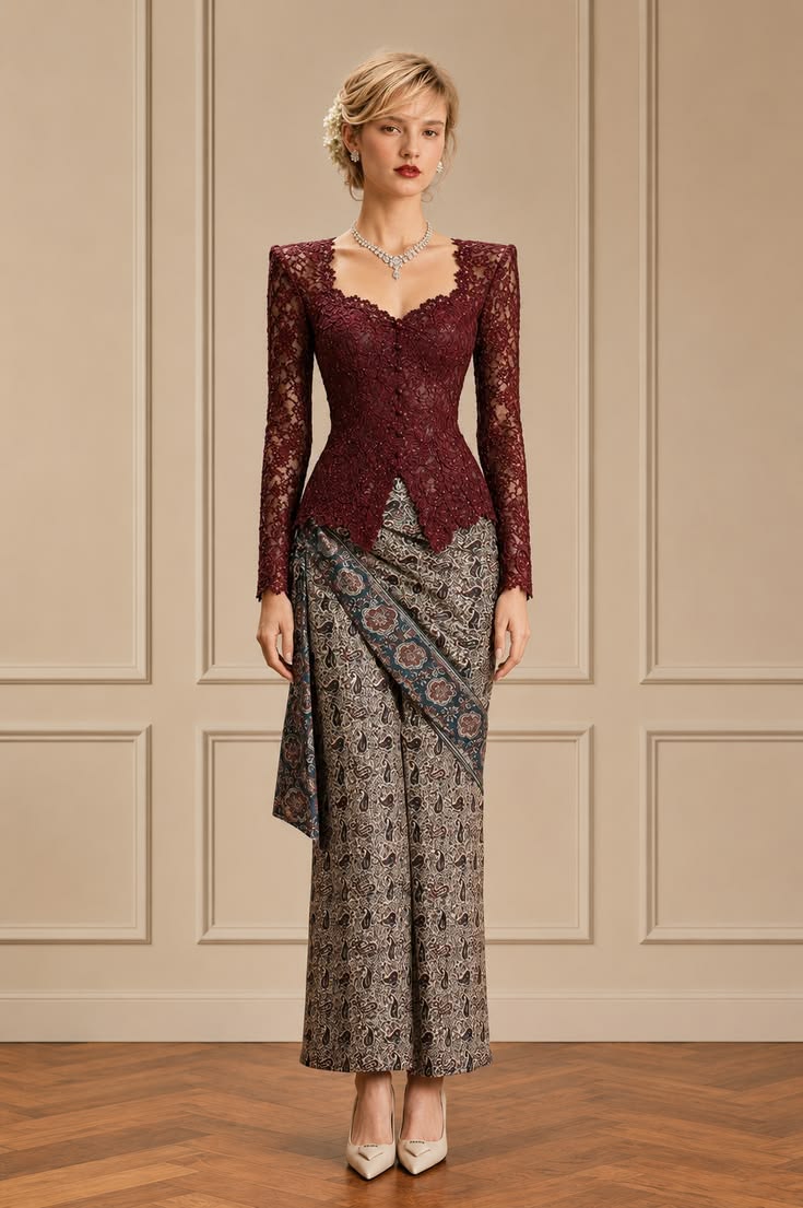 Burgundy lace kebaya with sculpted shoulders, grey-brown batik trousers, and a diagonally draped patterned panel.