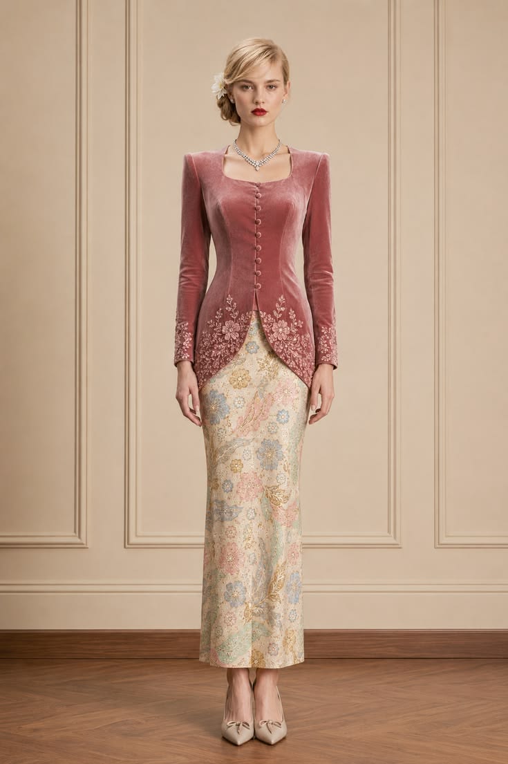 Dusty-rose velvet kebaya with covered buttons, floral embroidery, pastel floral batik, and pointed shoes.