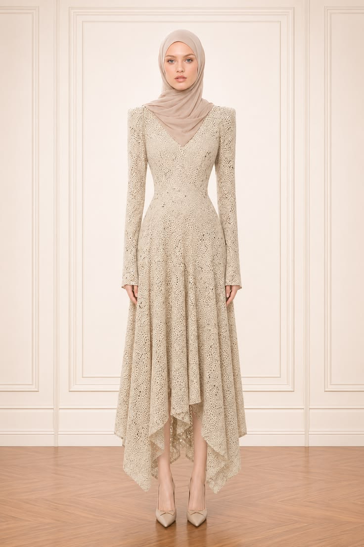 Woman wearing a long beige lace dress with refined tonal accessories in an elegant interior.