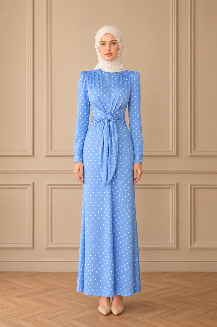 Woman wearing an elegant blue polka-dot maxi dress with long sleeves and refined accessories.