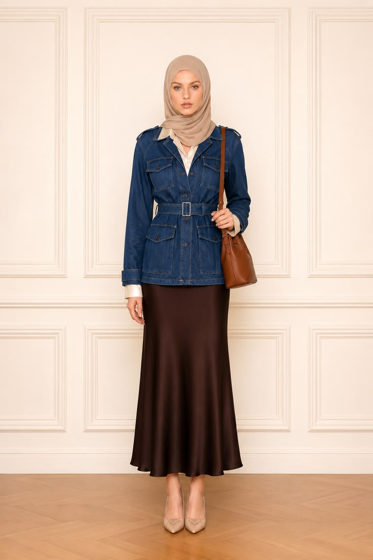 Woman wearing a belted denim jacket with a flowing satin maxi skirt and pointed shoes.