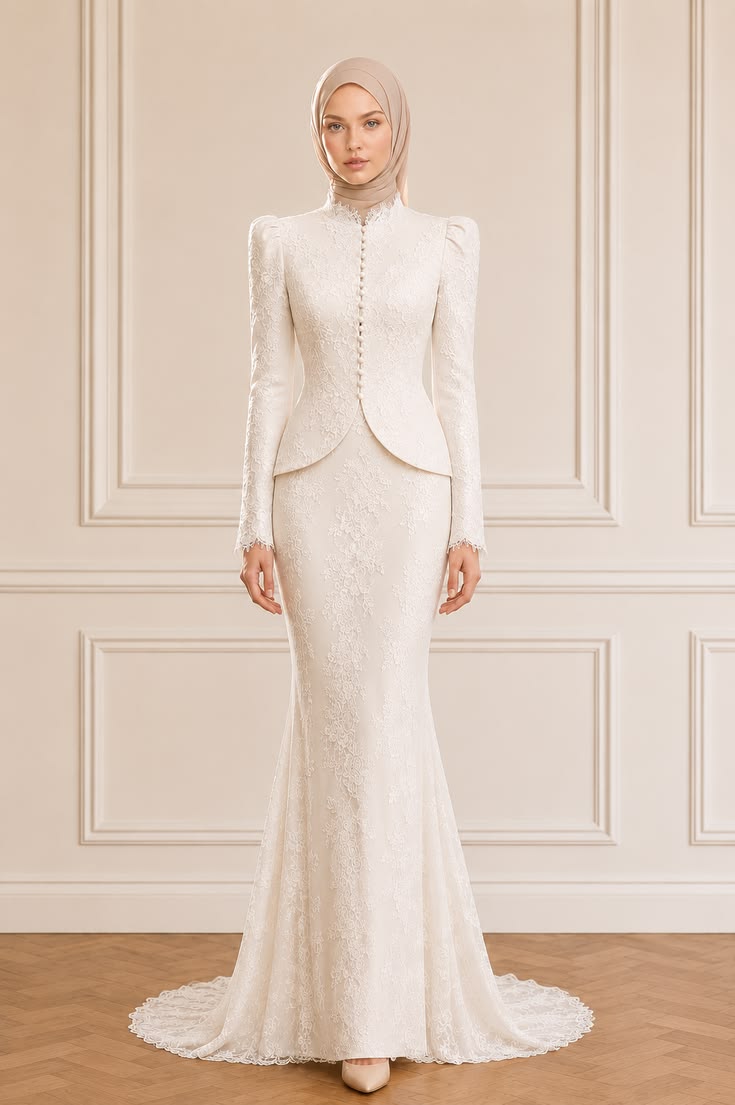 Woman wearing an elegant ivory modest bridal outfit with long sleeves, soft layers, and tonal accessories.