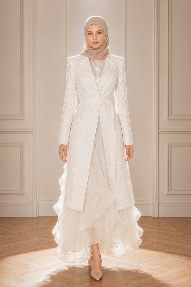 Woman wearing a long belted white blazer over a voluminous white ruffled skirt for a formal editorial look.