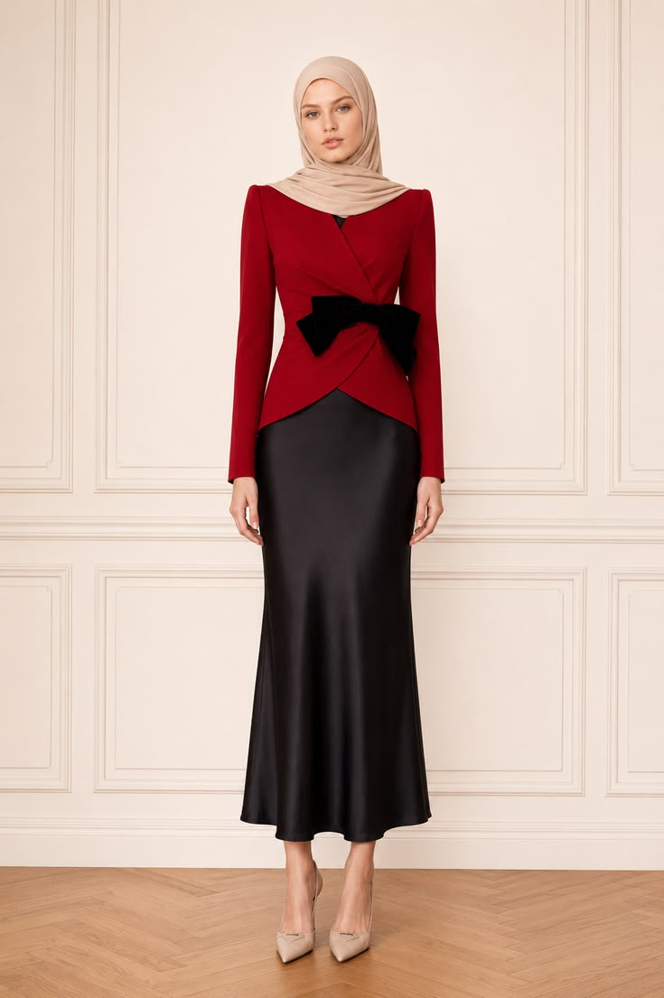 Woman wearing a rich red wrap-style top with a long black satin skirt in a formal modest outfit.