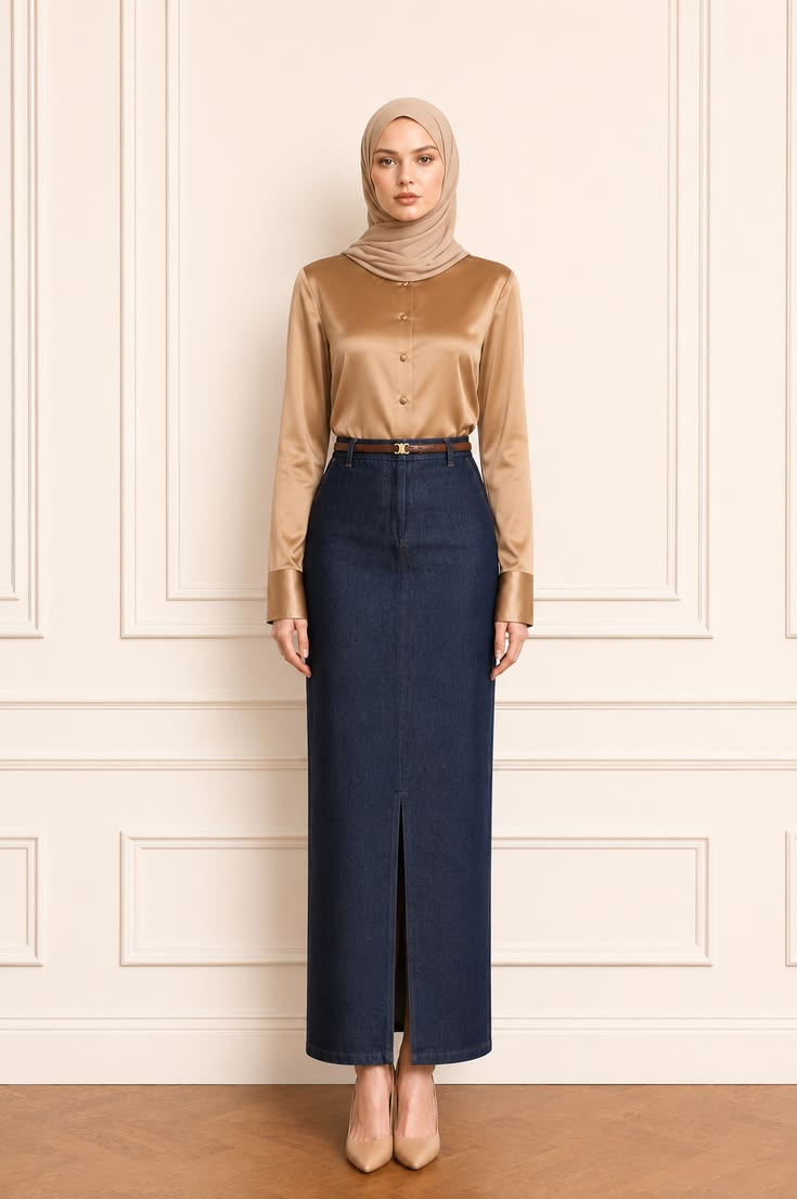 Woman wearing a softly draped satin shirt with a long denim skirt and elegant neutral accessories.