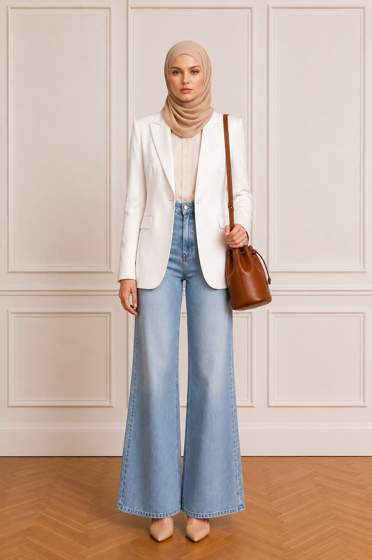 Woman wearing a long white blazer with dark wide-leg jeans and pointed heels in an elegant neutral interior.
