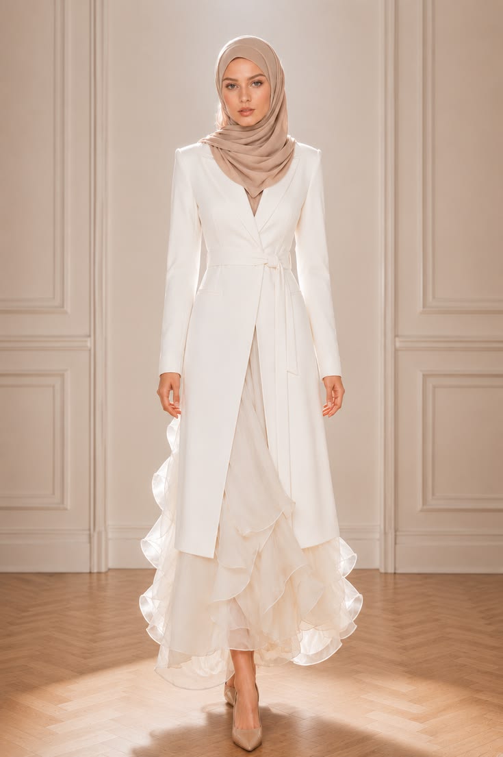 Elegant modest wedding guest outfit with a long ivory wrap coat, layered ruffled maxi skirt, taupe hijab, and nude pointed heels.