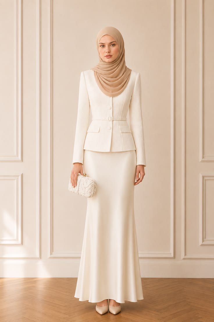 Polished modest wedding guest look with an ivory textured belted jacket, satin maxi skirt, beige hijab, embroidered clutch, and pointed pumps.