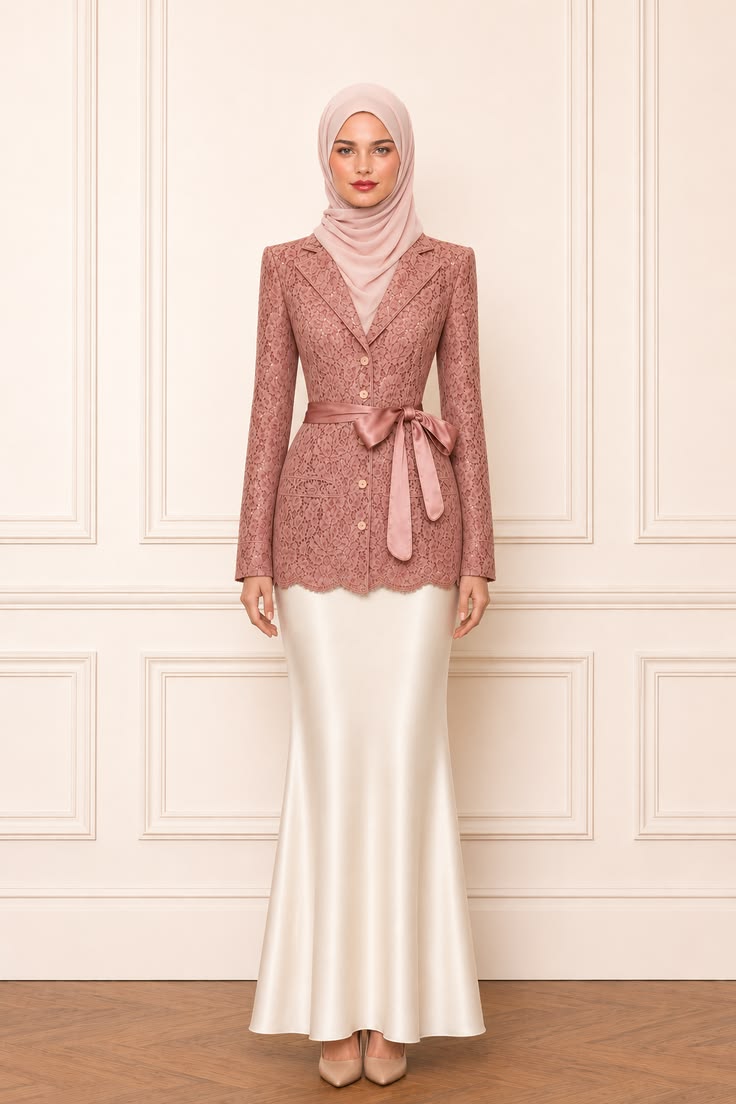 Modest formal wedding guest outfit featuring a dusty-rose lace tailored jacket, satin bow belt, ivory maxi skirt, blush hijab, and neutral heels.