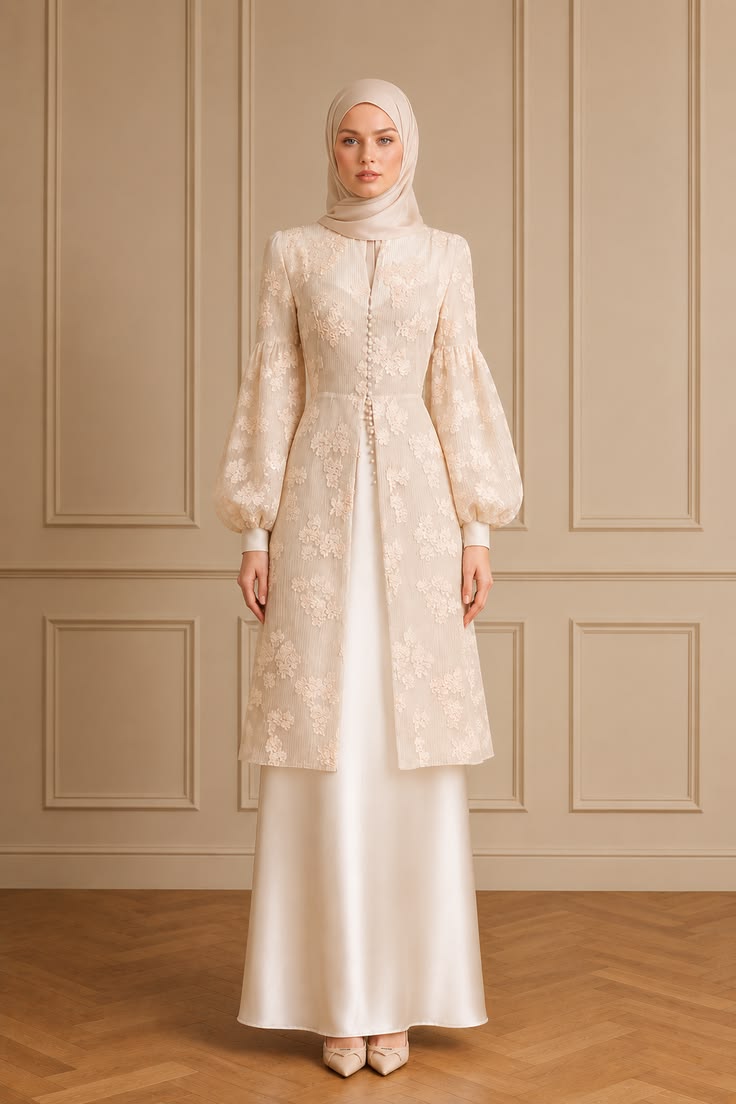 Formal modest outfit with an embroidered long coat, tonal satin maxi dress, soft neutral hijab, covered buttons, and pointed pumps.