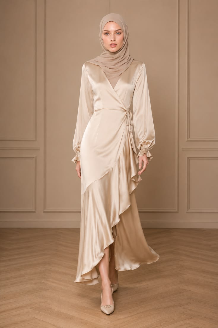 Champagne satin modest wedding guest dress with long sleeves, asymmetric wrap ruffles, tie waist, taupe hijab, and nude heels.