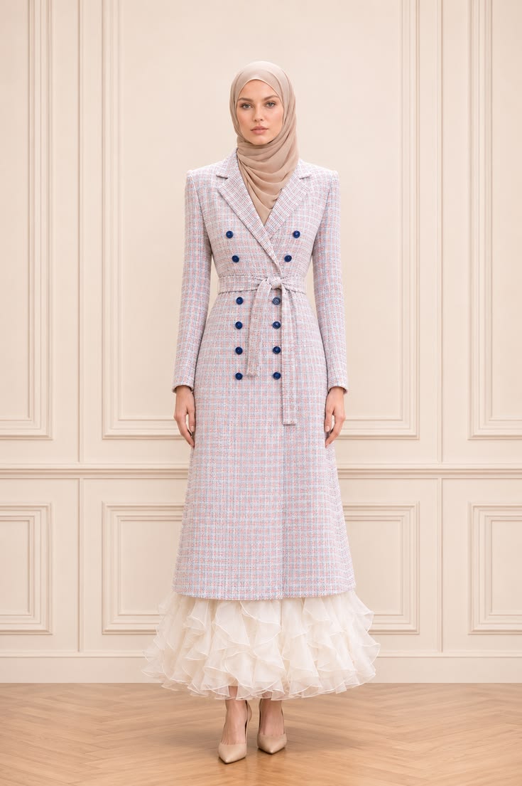 Pastel tweed modest wedding guest outfit with a belted longline coat, navy buttons, ivory ruffled skirt, taupe hijab, and nude pumps.