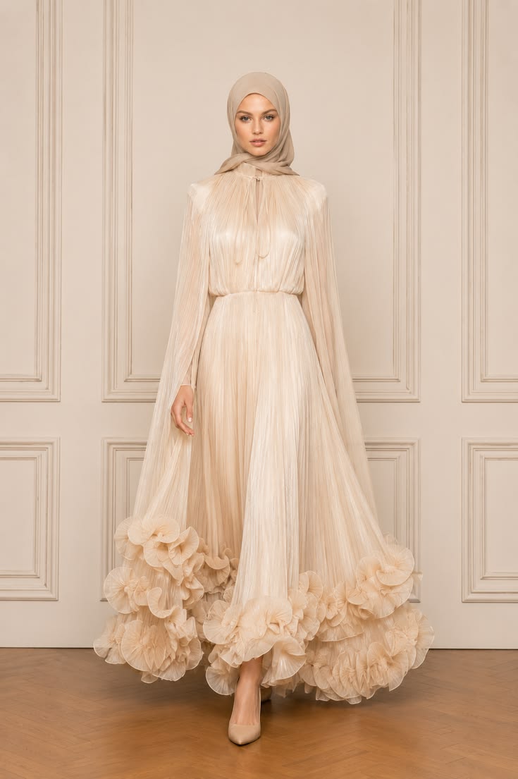 Champagne pleated modest formal gown with long sleeves, high neckline, defined waist, sculptural floral ruffle hem, taupe hijab, and nude pumps.