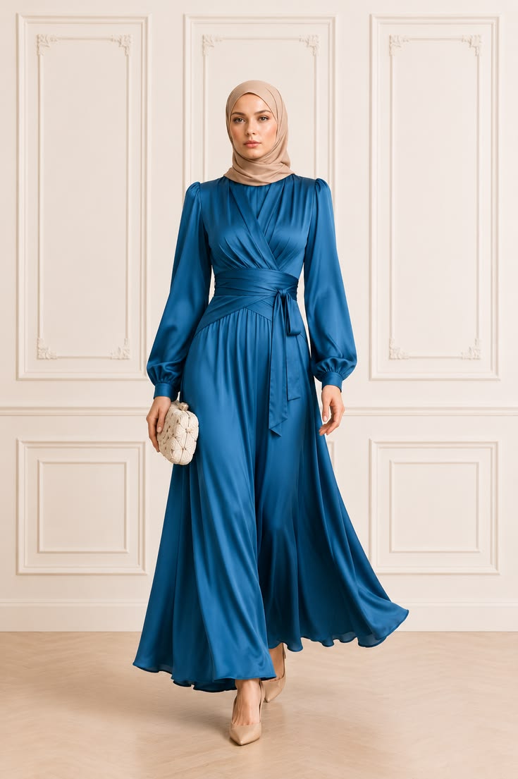 Teal blue satin modest wedding guest dress with long sleeves, wrap bodice, wide waist tie, taupe hijab, ivory clutch, and nude heels.