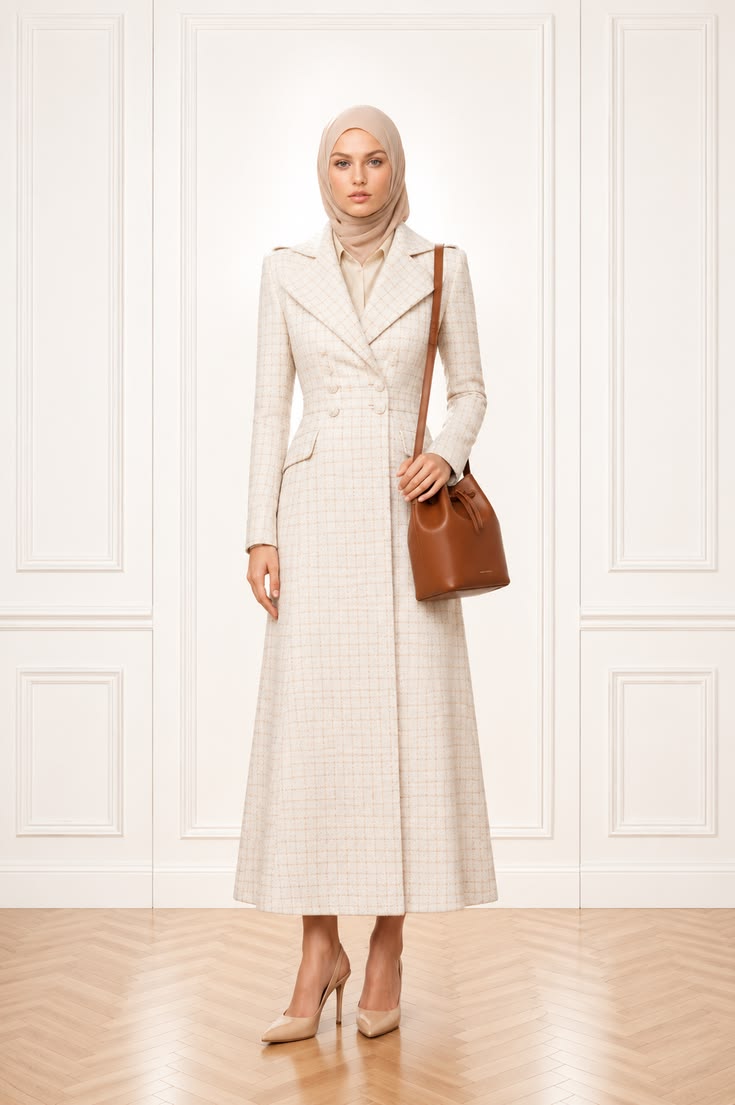 Elegant modest office outfit featuring a long cream plaid coatdress, ivory blouse, beige hijab, tan leather bag, and pointed heels.