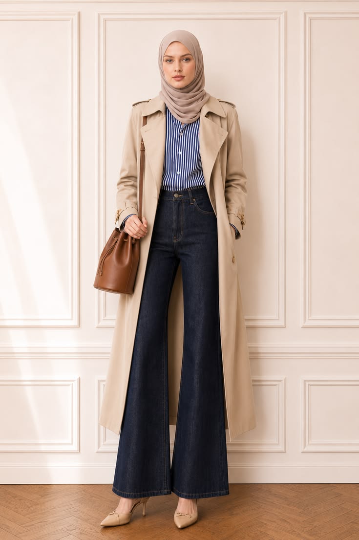 Smart-casual modest workwear with a beige trench coat, blue striped shirt, dark wide-leg jeans, taupe hijab, and brown bucket bag.