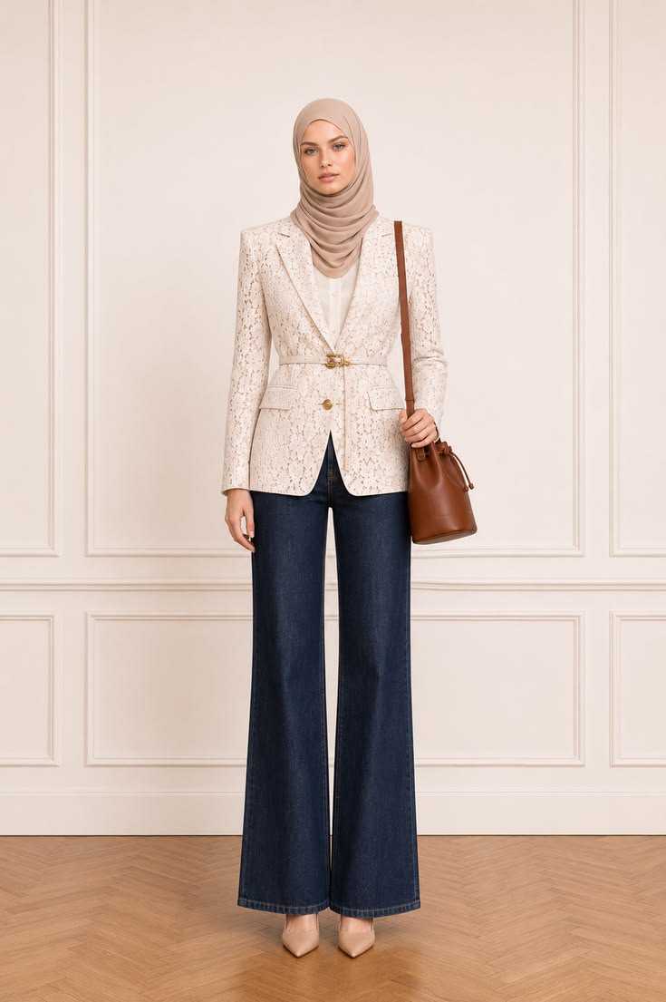 Modern modest workwear outfit with an ivory lace blazer, slim waist belt, dark wide-leg jeans, beige hijab, and brown leather bag.