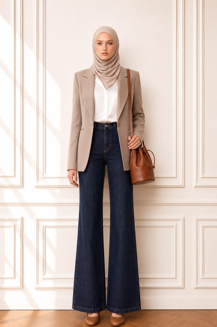 Polished modest office outfit with a taupe blazer, white blouse, dark wide-leg jeans, neutral hijab, brown loafers, and leather bag.