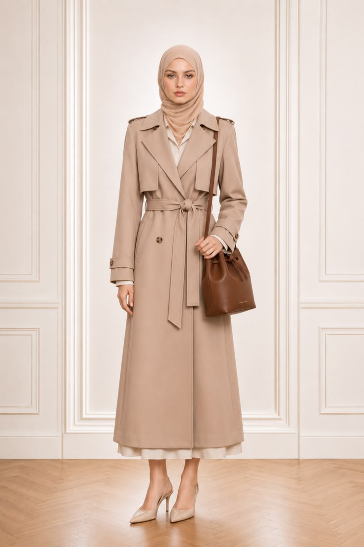 Tonal modest workwear outfit with a belted taupe trench coat, beige hijab, ivory underlayer, brown bucket bag, and pointed heels.