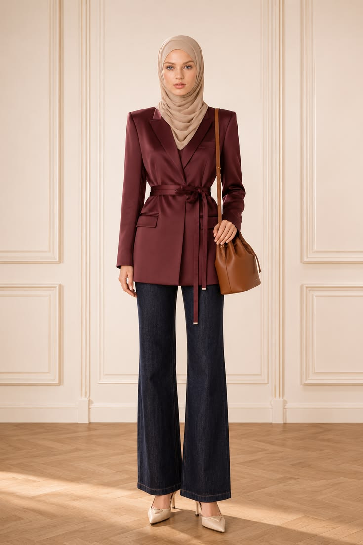Elegant modest workwear with a belted burgundy satin blazer, dark wide-leg jeans, beige hijab, brown bag, and pointed heels.