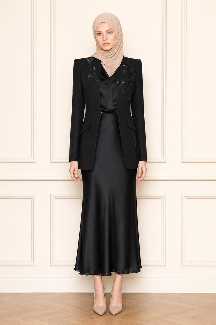 Formal modest workwear outfit with an embellished black blazer, black satin maxi skirt, black blouse, beige hijab, and neutral pumps.