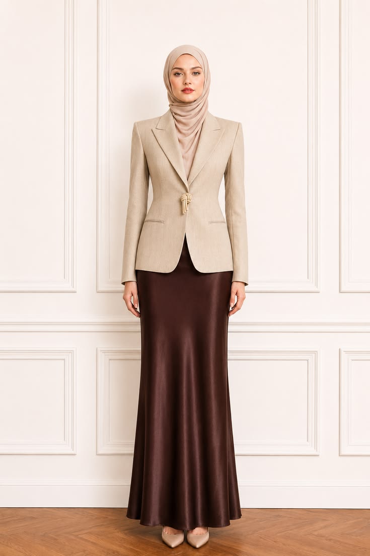 Elegant modest office outfit with a fitted beige blazer, chocolate satin maxi skirt, taupe hijab, and neutral pointed shoes.