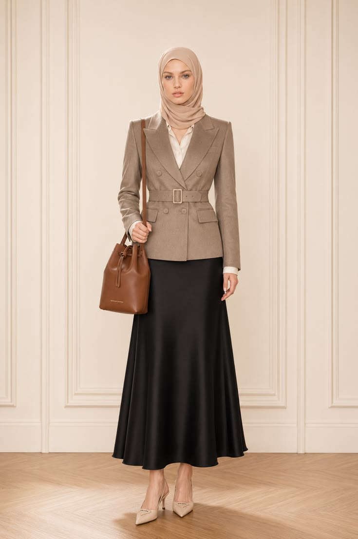 Polished modest workwear with a belted double-breasted taupe blazer, black satin maxi skirt, beige hijab, brown bag, and pointed heels.