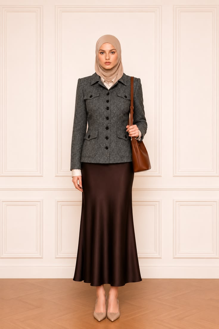 Tailored grey jacket paired with a long satin skirt in a refined modest workwear outfit.