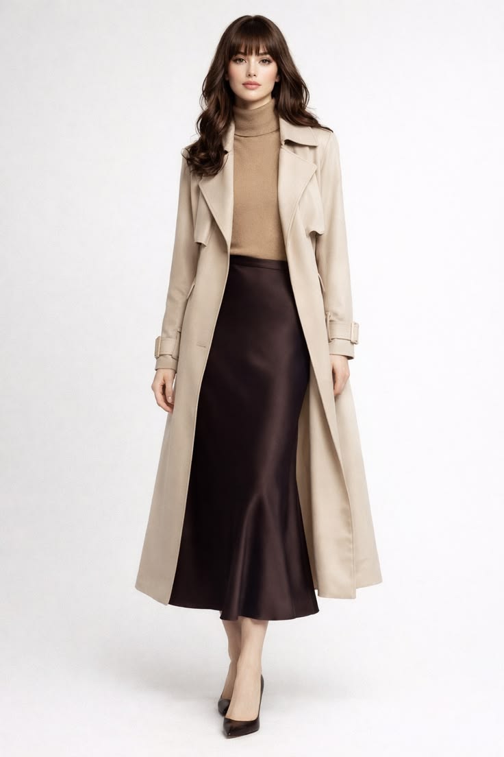 Beige trench coat over a taupe knit and dark brown satin midi skirt with black pumps
