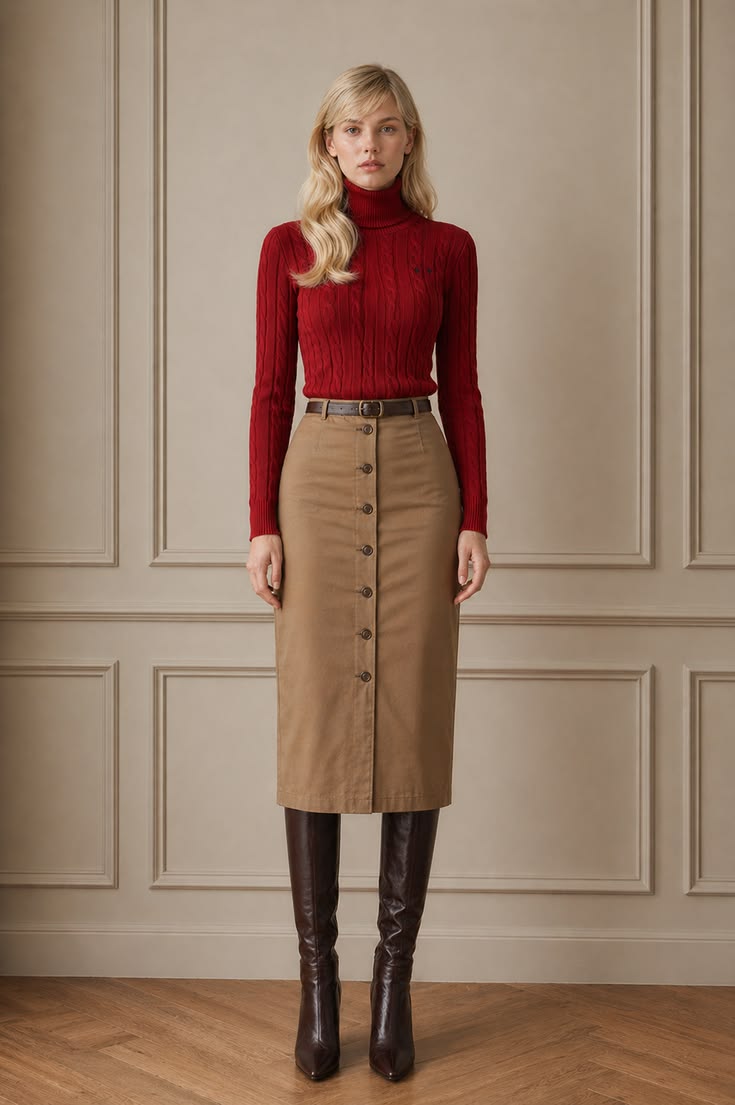 Red ribbed turtleneck tucked into a camel button-front midi skirt with brown knee-high boots