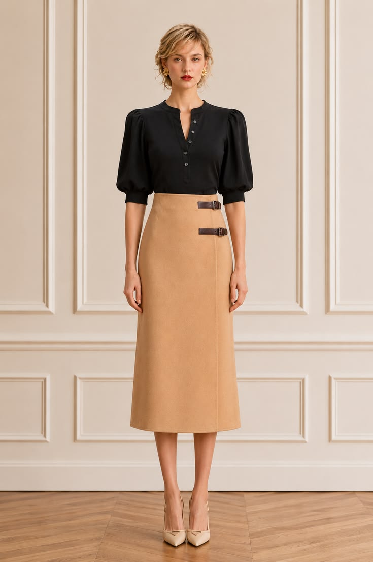 Black short-sleeve blouse with a camel pencil midi skirt and ivory pointed pumps