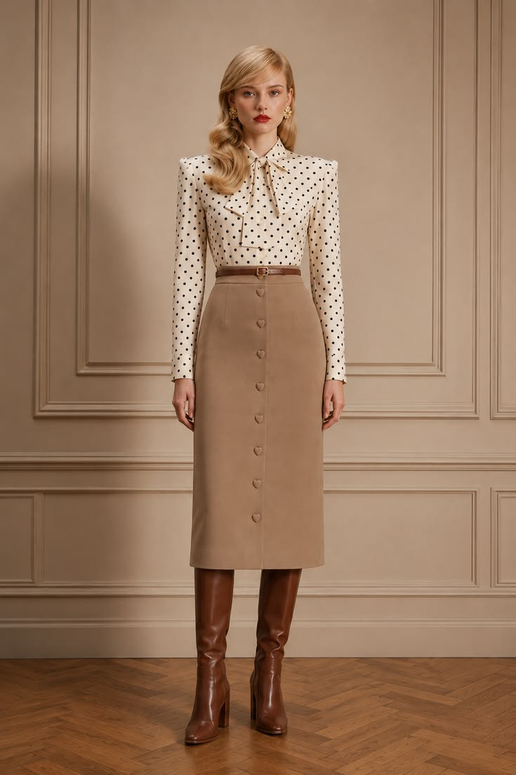 Ivory polka-dot tie-neck blouse with a camel button-front pencil skirt and brown knee-high boots