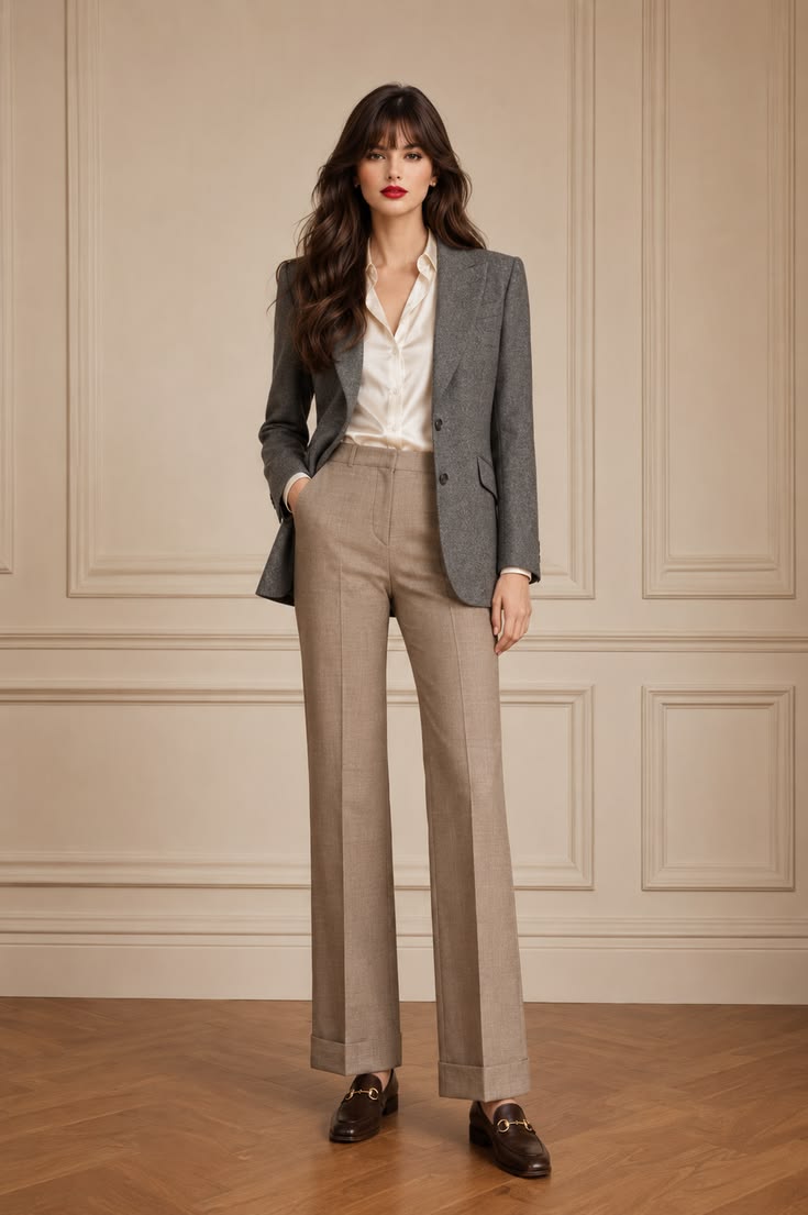 Gray tailored blazer over an ivory blouse with taupe straight-leg trousers and dark loafers