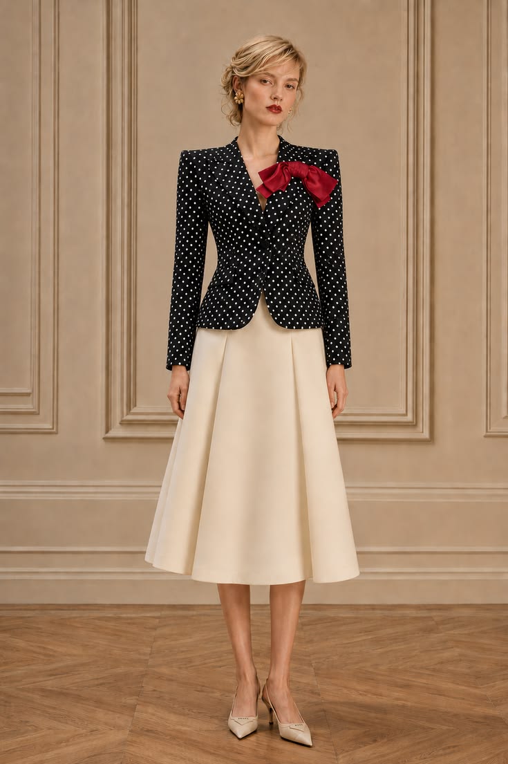 Black polka-dot fitted jacket with a red bow, ivory A-line midi skirt, and cream pointed pumps