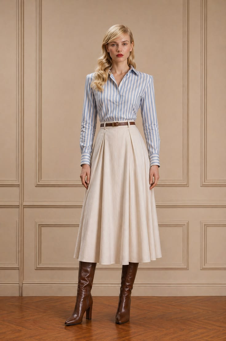Blue striped button-down shirt with an ivory A-line midi skirt, slim brown belt, and knee-high boots