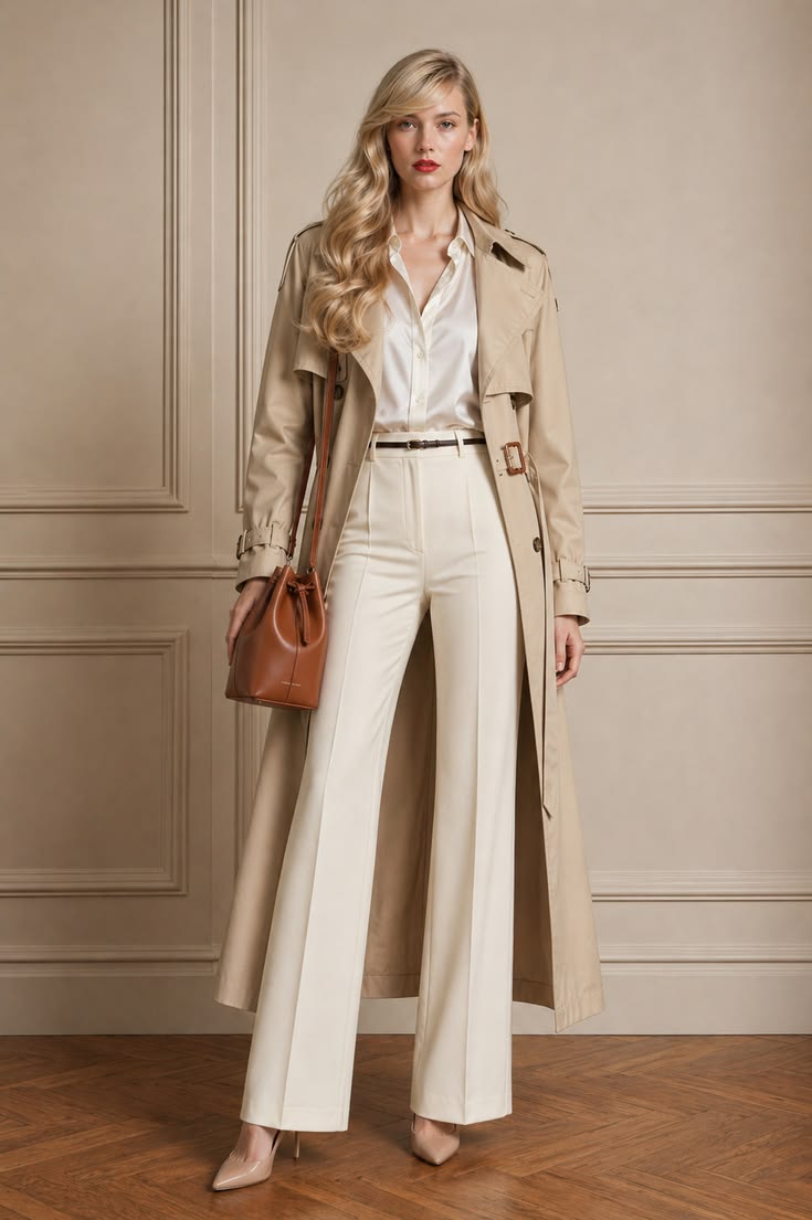 Beige trench coat over an ivory blouse and white wide-leg trousers with a structured tan handbag