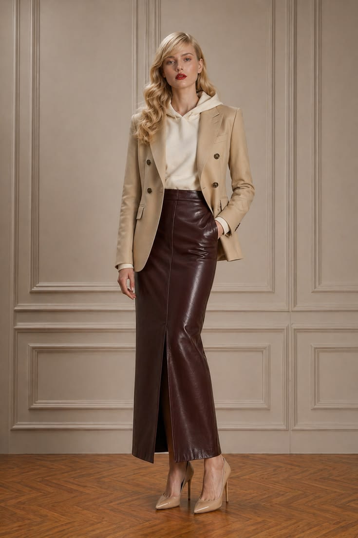 Cropped beige jacket over an ivory blouse with a dark brown leather column skirt and neutral pumps