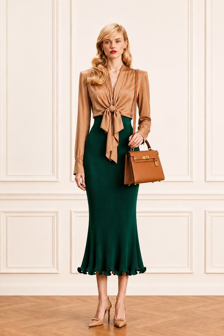 Caramel tie-front blouse with an emerald green midi skirt, structured brown handbag, and neutral pumps