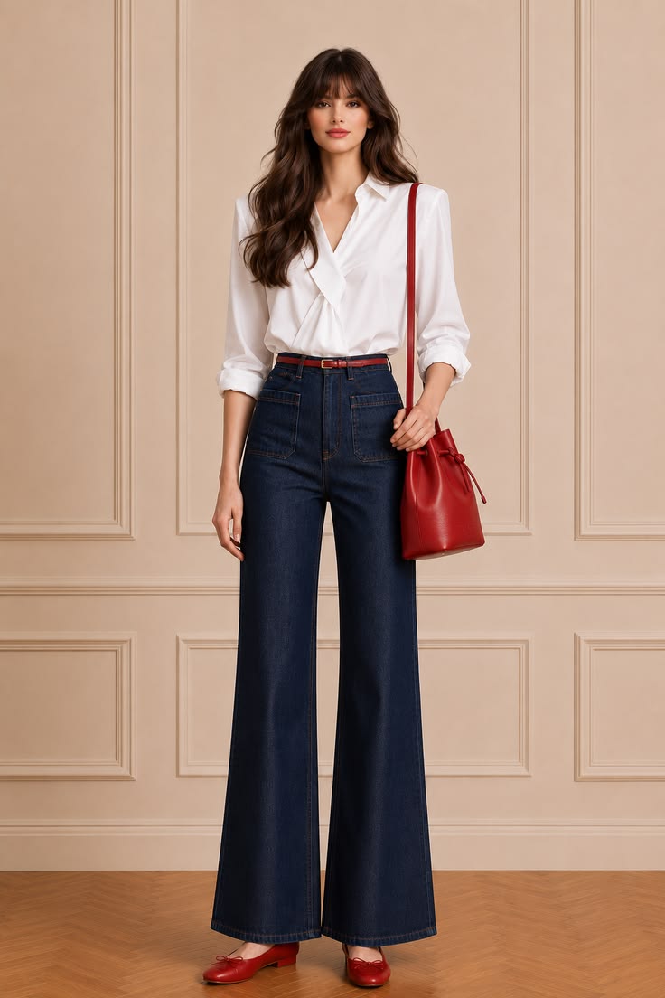 Parisian-inspired white button-down shirt with dark wide-leg jeans, red ballet flats, and a structured red shoulder bag.
