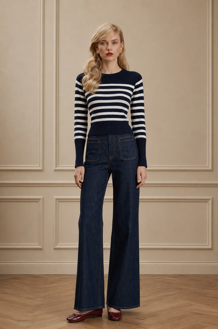 Parisian outfit with a fitted navy and cream Breton knit, dark wide-leg jeans, and burgundy ballet flats.
