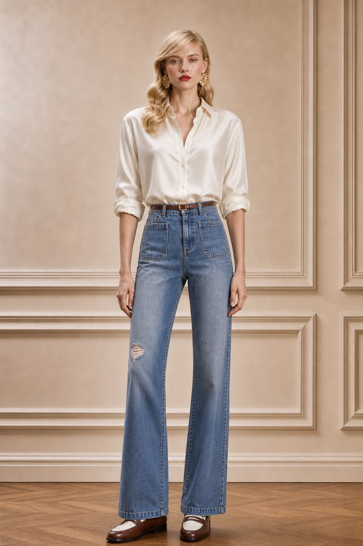 Parisian outfit with an ivory silk shirt, light-wash wide-leg jeans, and brown two-tone loafers.