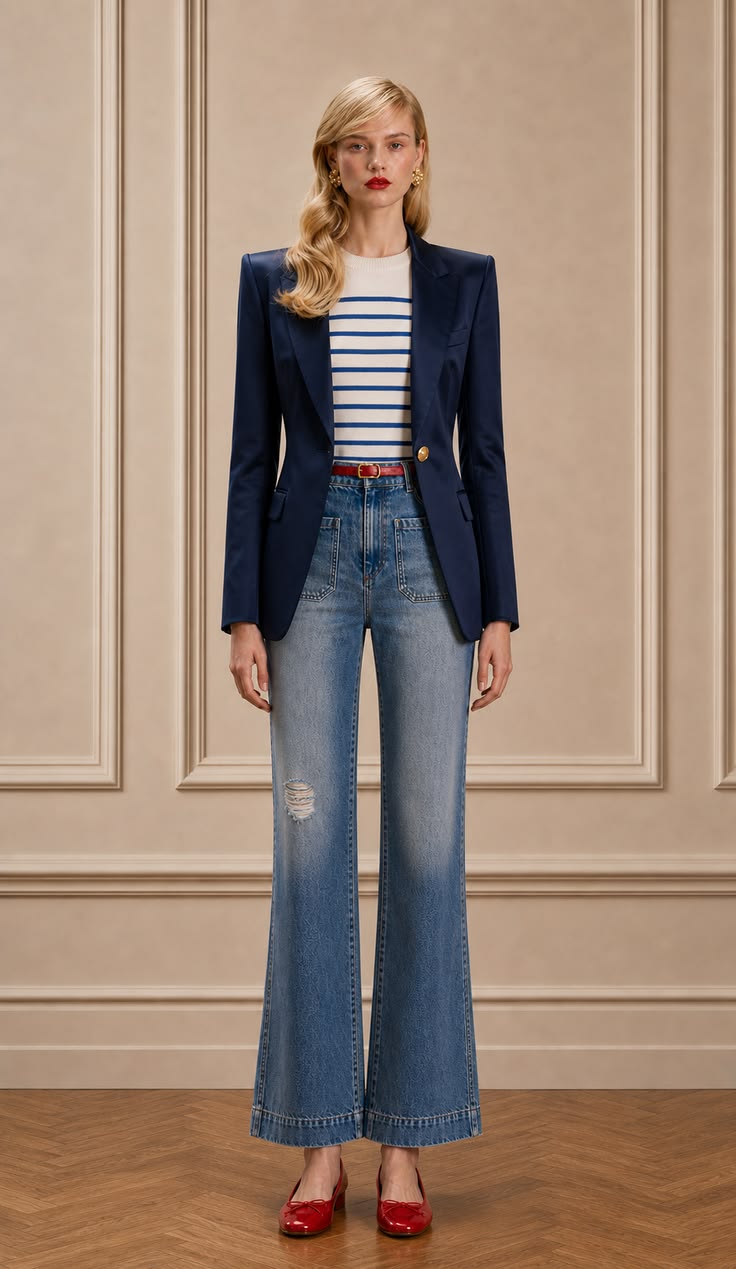 Parisian outfit with a navy blazer, Breton striped top, straight blue jeans, red belt, and red ballet flats.