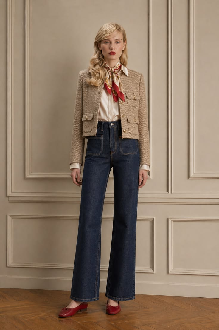 Parisian outfit with a cropped tweed jacket, white shirt, silk neck scarf, dark jeans, and red ballet flats.