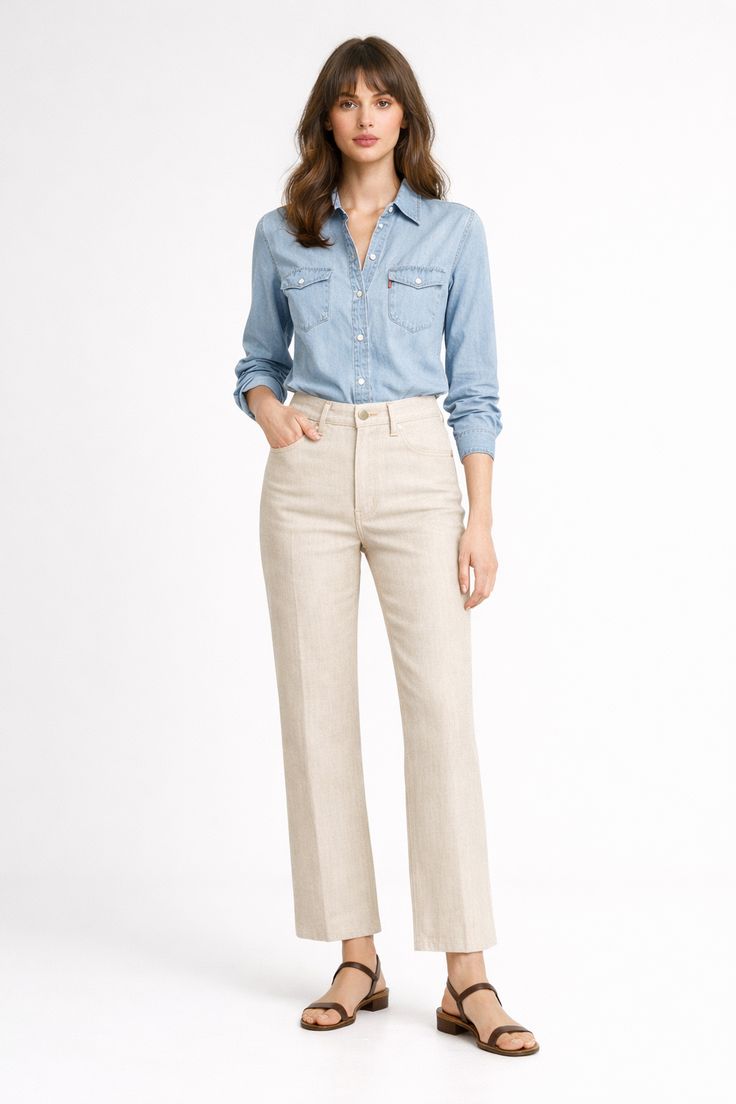 Parisian outfit with a pale blue chambray shirt, ecru straight-leg jeans, and brown leather sandals.