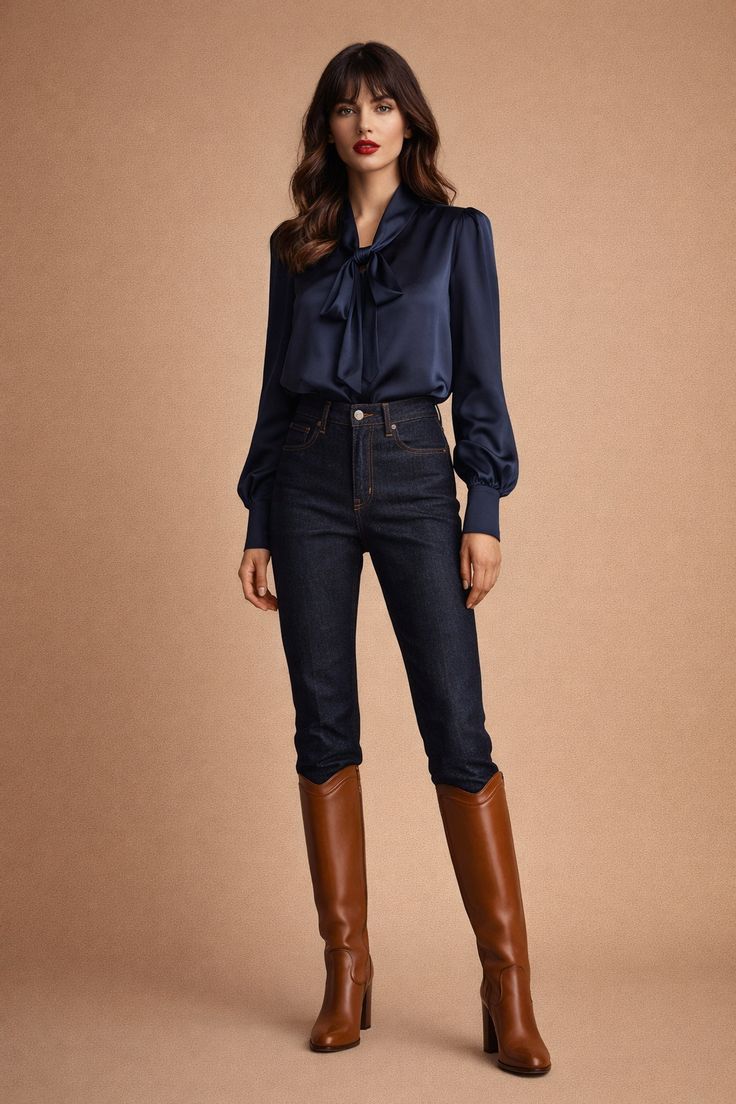Parisian outfit with a navy silk blouse, dark slim jeans, and cognac knee-high leather boots.