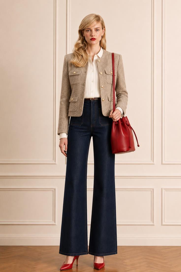 Parisian outfit with a cropped tweed jacket, ivory blouse, dark wide-leg jeans, red slingback heels, and red bag.