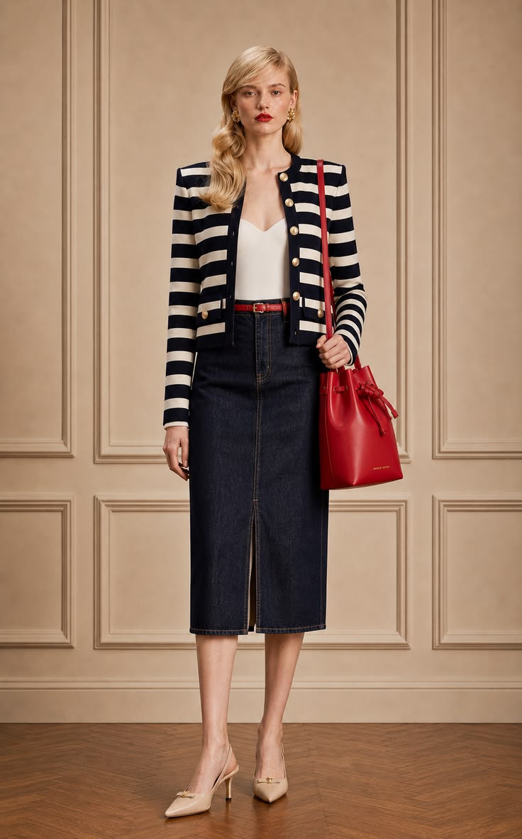 Parisian spring outfit with a navy and cream striped jacket, ivory camisole, dark denim midi skirt, red belt, red bag, and beige slingback pumps.
