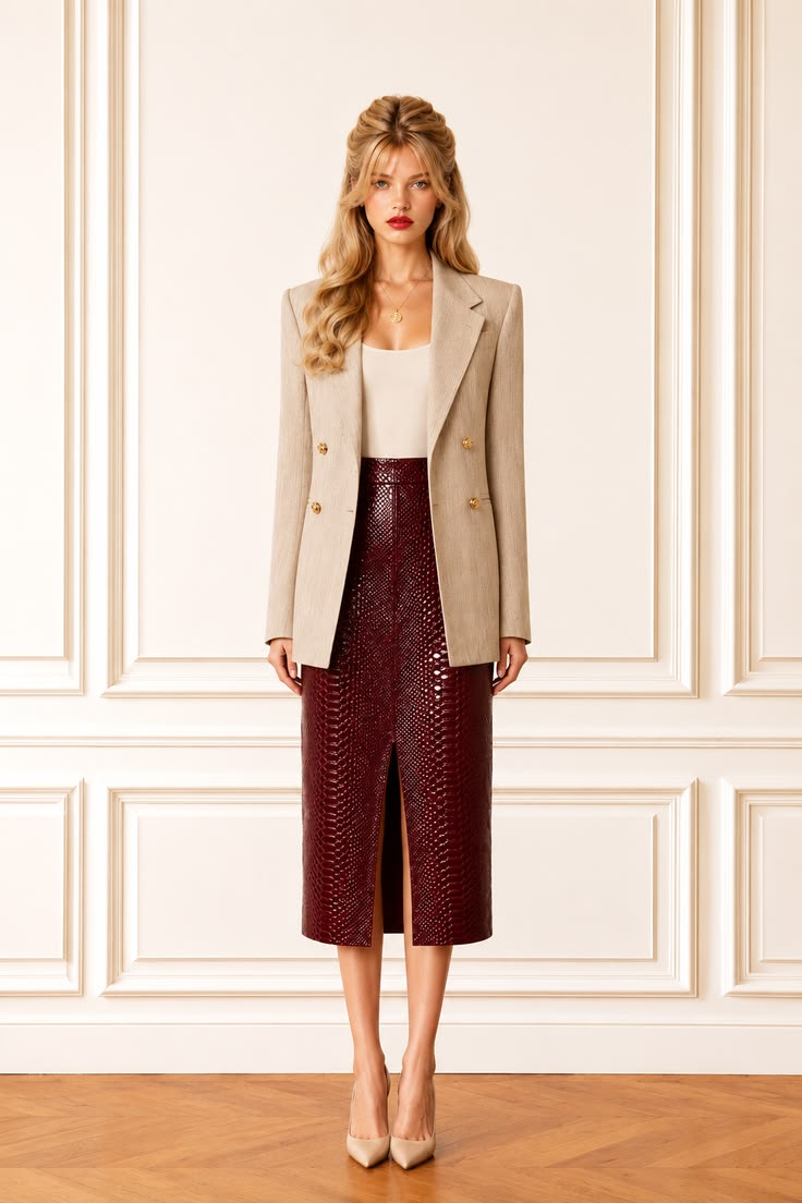 Parisian spring outfit with a tailored beige blazer, ivory top, textured burgundy midi skirt, and nude pointed pumps.