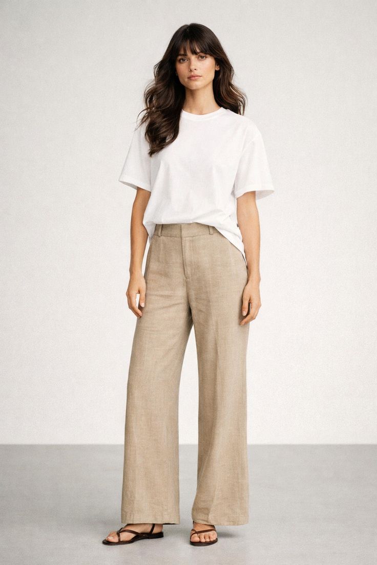 Minimal Parisian summer outfit with a white T-shirt, beige wide-leg linen trousers, and slim brown flat sandals.
