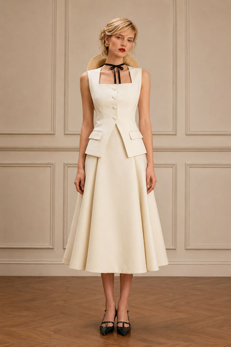 Elegant Parisian summer outfit with a fitted ivory waistcoat, full ivory midi skirt, black ribbon neck tie, and black slingback pumps.